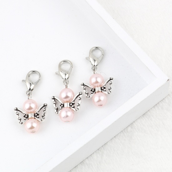 Picture of Zinc Based Alloy Insect Knitting Stitch Markers Angel Antique Silver Color Light Pink 38mm x 18mm, 5 PCs