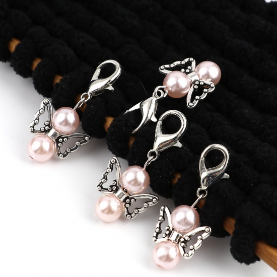 Picture of Zinc Based Alloy Insect Knitting Stitch Markers Angel Antique Silver Color Light Pink 38mm x 18mm, 5 PCs