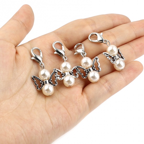 Picture of Zinc Based Alloy Insect Knitting Stitch Markers Angel Antique Silver Color Creamy-White 38mm x 18mm, 5 PCs