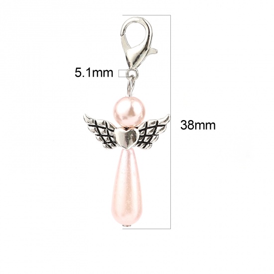 Picture of Zinc Based Alloy Knitting Stitch Markers Angel Antique Silver Color Light Pink 38mm x 22mm, 5 PCs