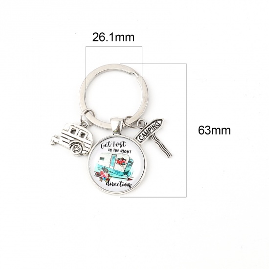 Picture of Keychain & Keyring Antique Silver Color Green Round Car Message " CAMPING " 63mm, 5 PCs