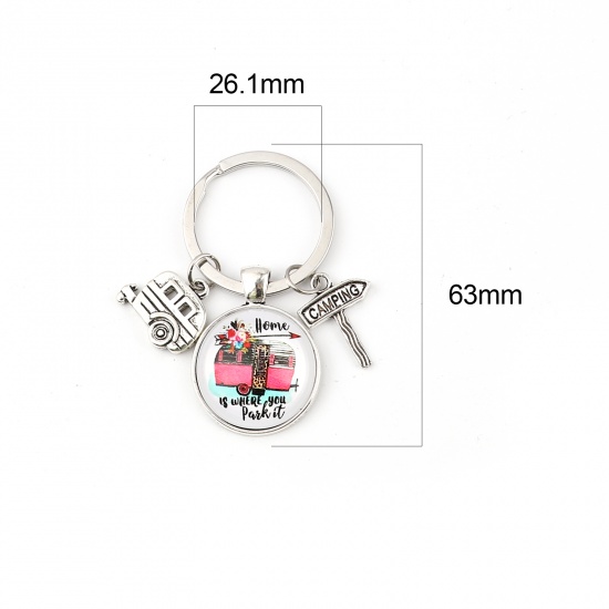 Picture of Keychain & Keyring Antique Silver Color Multicolor Round Car Message " CAMPING " 63mm, 5 PCs