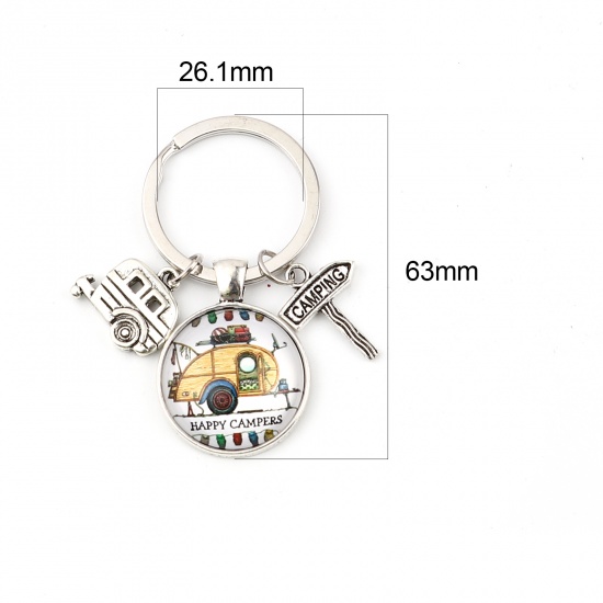 Picture of Keychain & Keyring Antique Silver Color Yellow Round Car Message " CAMPING " 63mm, 5 PCs