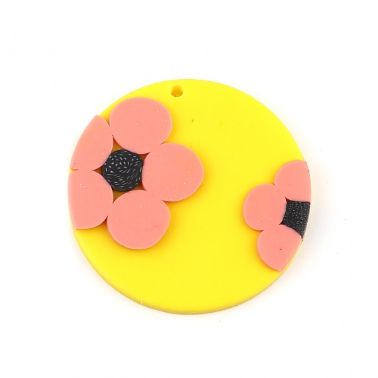 Picture of Polymer Clay Pendants Round Yellow Flower 40mm Dia., 3 PCs