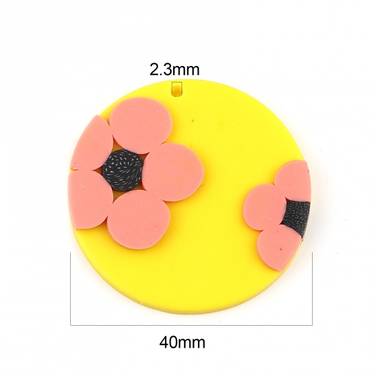 Picture of Polymer Clay Pendants Round Yellow Flower 40mm Dia., 3 PCs
