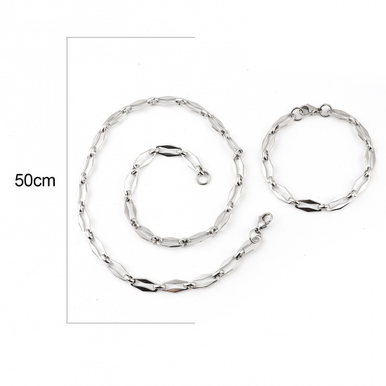 Picture of 304 Stainless Steel Jewelry Necklace Bracelets Set Silver Tone Oval 50cm(19 5/8") long, 19cm(7 4/8") long, 1 Set ( 2 PCs/Set)