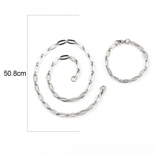 Picture of 304 Stainless Steel Jewelry Necklace Bracelets Set Silver Tone Barrel 50.8cm(20") long, 19cm(7 4/8") long, 1 Set ( 2 PCs/Set)