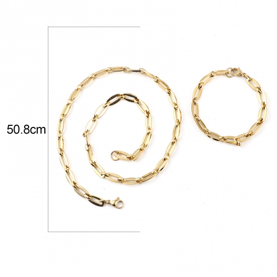 Picture of 1 Set ( 2 PCs/Set) Vacuum Plating 304 Stainless Steel Jewelry Necklace Bracelets Set Gold Plated Barrel 50.8cm(20") long, 19cm(7 4/8") long