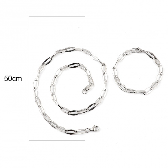 Picture of 304 Stainless Steel Jewelry Necklace Bracelets Set Silver Tone Polygon 50cm(19 5/8") long, 19.5cm(7 5/8") long, 1 Set ( 2 PCs/Set)