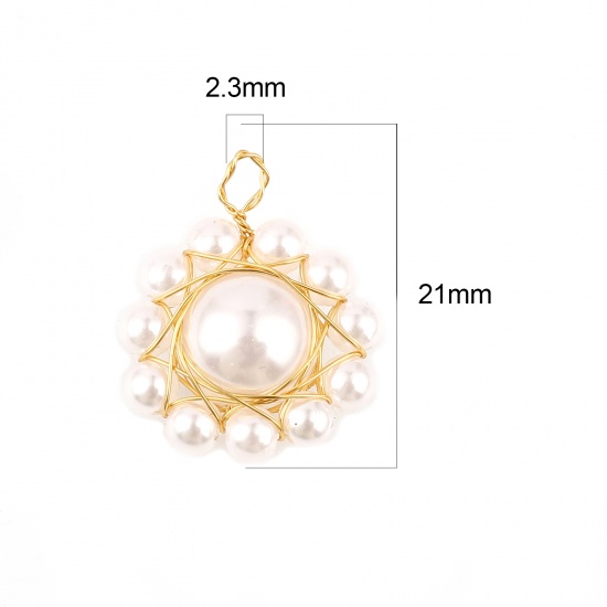 Picture of Acrylic Wire Wrapped Charms Flower Gold Plated White Imitation Pearl 21mm x 18mm, 3 PCs