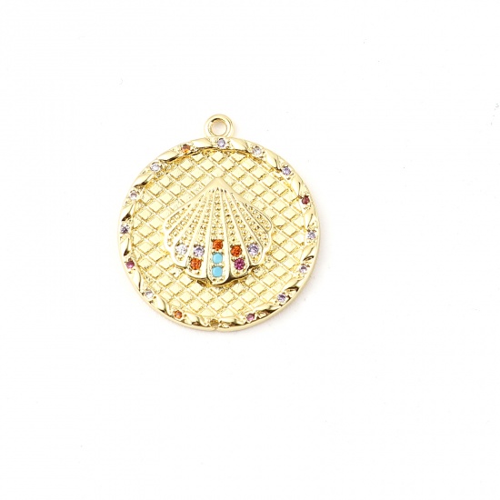 Picture of Brass Charms Gold Plated Scallop Round Multicolor Rhinestone 26mm x 20mm, 1 Piece                                                                                                                                                                             
