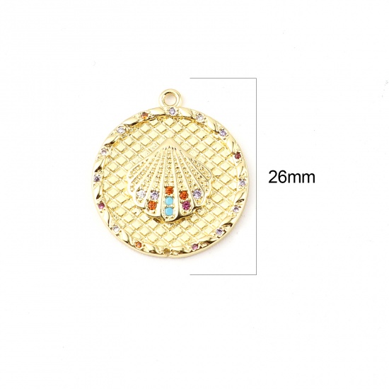 Picture of Brass Charms Gold Plated Scallop Round Multicolor Rhinestone 26mm x 20mm, 1 Piece                                                                                                                                                                             