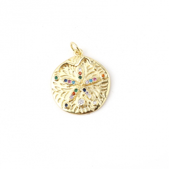 Picture of Brass Ocean Jewelry Charms Gold Plated Round Sand Dollar Multicolor Rhinestone 26mm x 20mm, 1 Piece                                                                                                                                                           