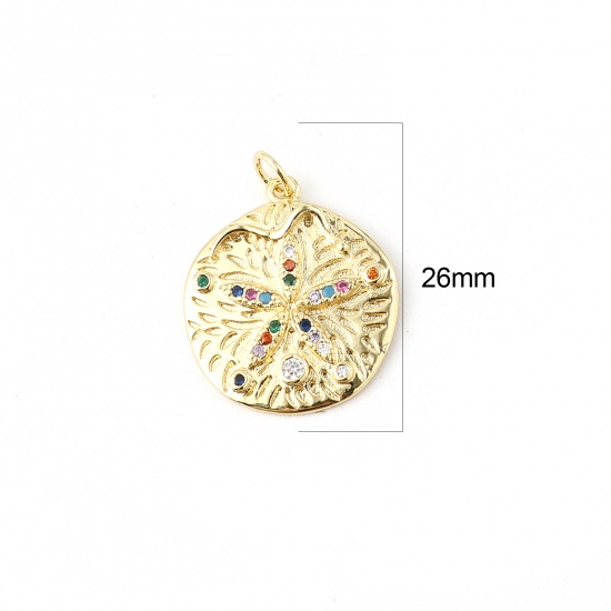 Picture of Brass Ocean Jewelry Charms Gold Plated Round Sand Dollar Multicolor Rhinestone 26mm x 20mm, 1 Piece                                                                                                                                                           