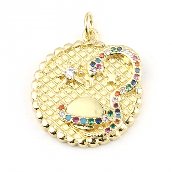 Image de Breloques Galaxie en Laiton Planète Doré Rond Micro Pave à Strass Coloré 26mm x 20mm, 1 Pièce