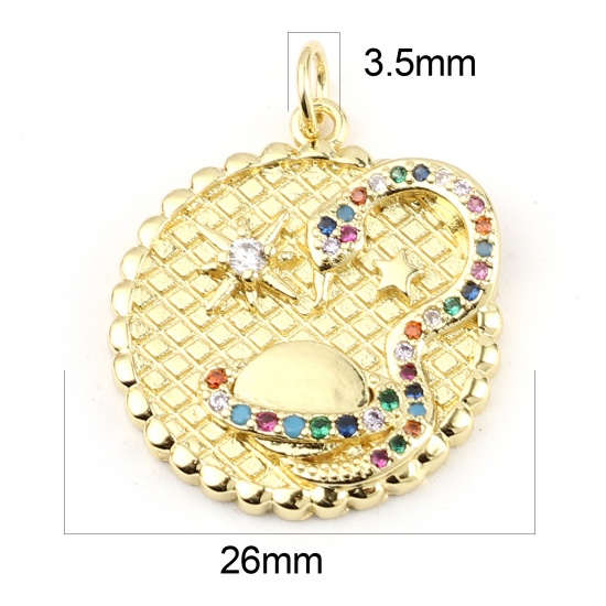 Image de Breloques Galaxie en Laiton Planète Doré Rond Micro Pave à Strass Coloré 26mm x 20mm, 1 Pièce