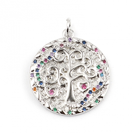 Image de Breloques en Laiton Rond Argent Mat Arbres à Strass Coloré 26mm x 20mm, 1 Pièce