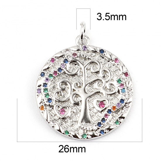Image de Breloques en Laiton Rond Argent Mat Arbres à Strass Coloré 26mm x 20mm, 1 Pièce