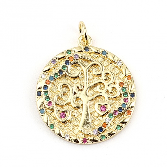 Image de Breloques en Laiton Rond Doré Arbres à Strass Coloré 26mm x 20mm, 1 Pièce