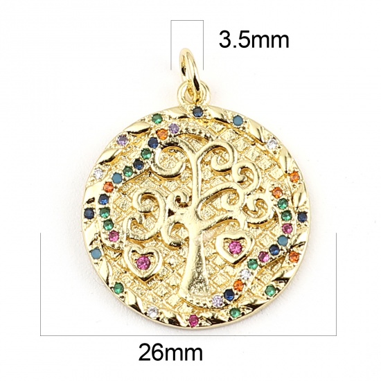 Image de Breloques en Laiton Rond Doré Arbres à Strass Coloré 26mm x 20mm, 1 Pièce