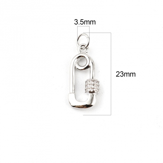 Imagen de Latón Micro Pave Colgantes Charms Tono de Plata Pincho Transparente Rhinestone 23mm x 9mm, 2 Unidades