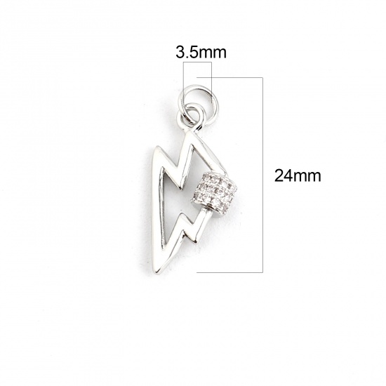 Imagen de Latón Colección Meteorológica Colgantes Charms Tono de Plata Relámpago Micro Pave Transparente Rhinestone 24mm x 10mm, 2 Unidades