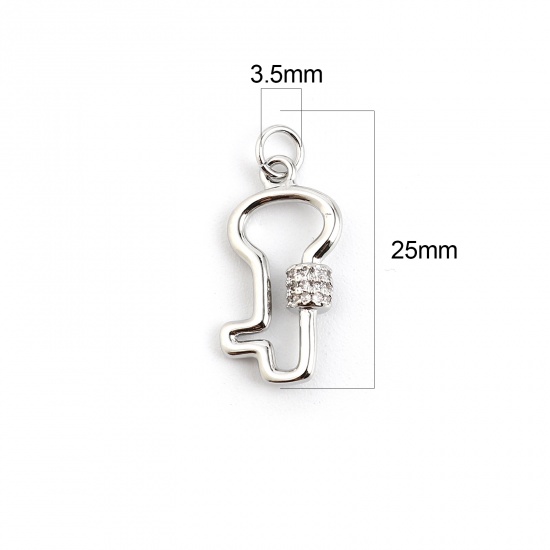 Imagen de Latón Colgantes Charms Tono de Plata Llave Micro Pave Transparente Rhinestone 25mm x 10mm, 2 Unidades