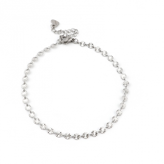 Picture of 304 Stainless Steel Stylish Anklet Silver Tone Round Carved Pattern 23cm(9") long, 1 Piece