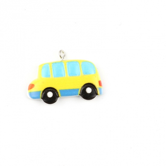 Picture of Resin Transport Pendants Car Silver Tone Yellow 32mm x 23mm, 5 PCs