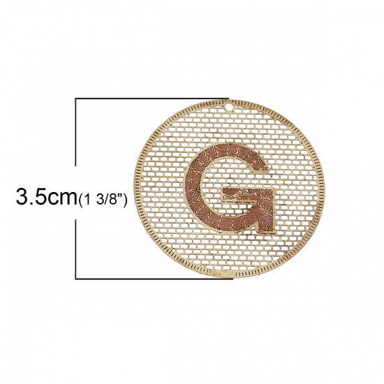Image de Pendentif Estampe en Filigrane Creux en Laiton Rond Couleur Laiton Sans Plaqué Initial Alphabet/ Lettre " G " Gravé 35mm Dia, 20 PCs