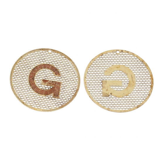 Image de Pendentif Estampe en Filigrane Creux en Laiton Rond Couleur Laiton Sans Plaqué Initial Alphabet/ Lettre " G " Gravé 35mm Dia, 20 PCs