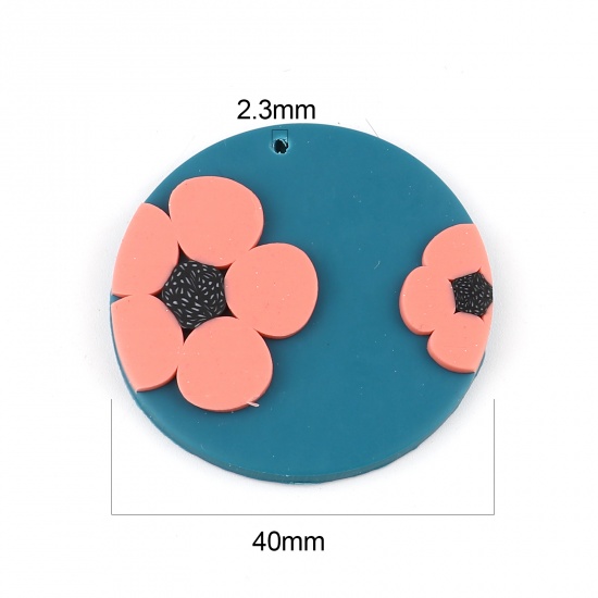 Image de Pendentifs en Pâte Polymère Forme Rond Bleu Fleurs 40mm Dia, 3 Pcs