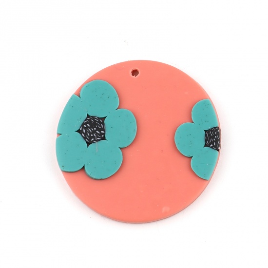 Picture of Polymer Clay Pendants Round Hot Pink Flower 40mm Dia., 3 PCs