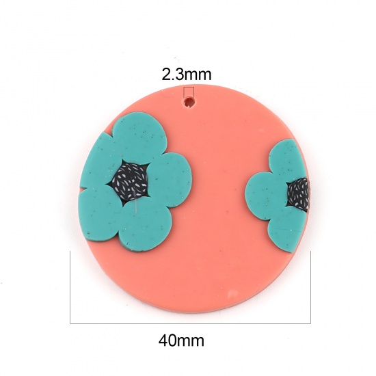 Picture of Polymer Clay Pendants Round Hot Pink Flower 40mm Dia., 3 PCs