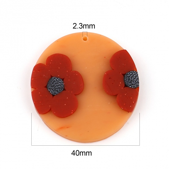 Picture of Polymer Clay Pendants Round Orange Pink Flower 40mm Dia., 3 PCs