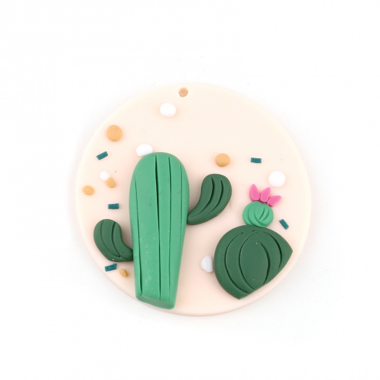 Picture of Polymer Clay Pendants Round Peach Pink Cactus 4.8cm Dia., 2 PCs