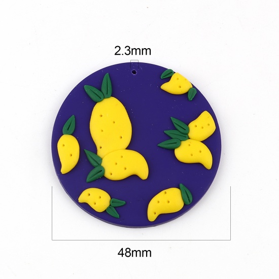 Picture of Polymer Clay Pendants Mango Fruit Royal Blue Round 4.8cm Dia., 2 PCs