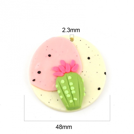 Picture of Polymer Clay Pendants Round Light Pink Cactus 34mm Dia., 2 PCs