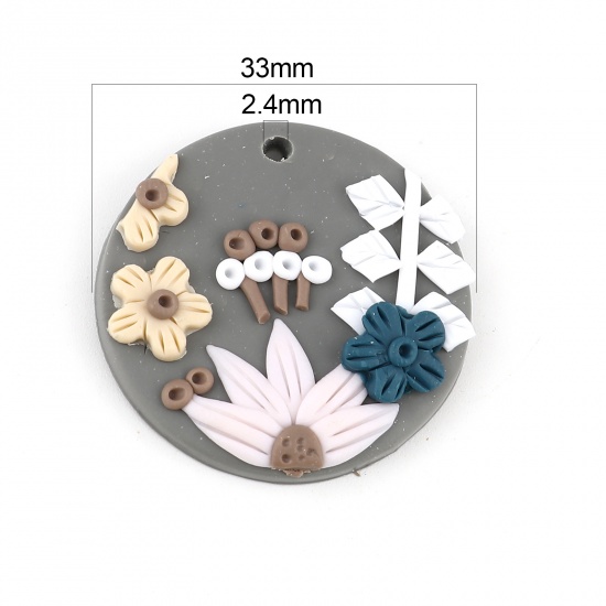 Picture of Polymer Clay Pendants Round Multicolor Flower 3.3cm Dia., 2 PCs