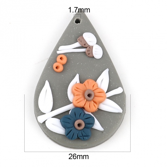 Picture of Polymer Clay Pendants Drop Multicolor Flower 40mm x 26mm, 2 PCs
