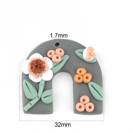 Picture of Polymer Clay Pendants Arched Multicolor Flower 32mm x 31mm, 2 PCs