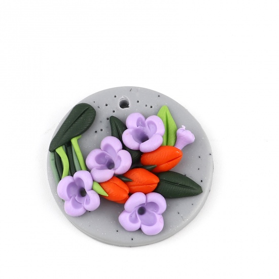 Picture of Polymer Clay Pendants Round Purple Flower 30mm Dia., 2 PCs