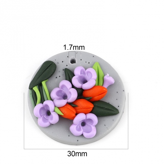 Image de Pendentifs en Pâte Polymère Forme Rond Violet Fleurs 30mm Dia, 2 Pcs