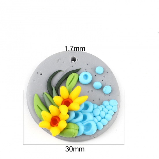 Picture of Polymer Clay Pendants Round Yellow & Blue Flower 30mm Dia., 2 PCs