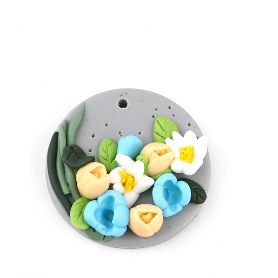 Image de Pendentifs en Pâte Polymère Forme Rond Multicolore Fleurs 30mm Dia, 2 Pcs