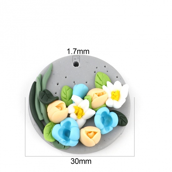 Image de Pendentifs en Pâte Polymère Forme Rond Multicolore Fleurs 30mm Dia, 2 Pcs