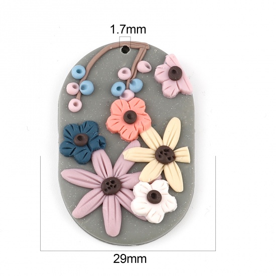 Picture of Polymer Clay Pendants Oval Multicolor Flower 45mm x 29mm, 2 PCs