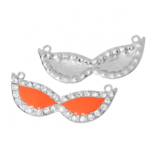 Picture of Zinc Metal Alloy Connectors Findings Mask Silver Tone Orange-red Enamel Clear Rhinestone 57mm(2 2/8") x 23mm(7/8"), 2 PCs