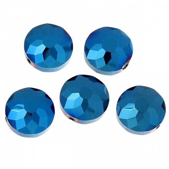 Picture of Glass Loose Beads Flat Round Blue Faceted About 14mm Dia, Hole: Approx 1.4mm, 20 PCs