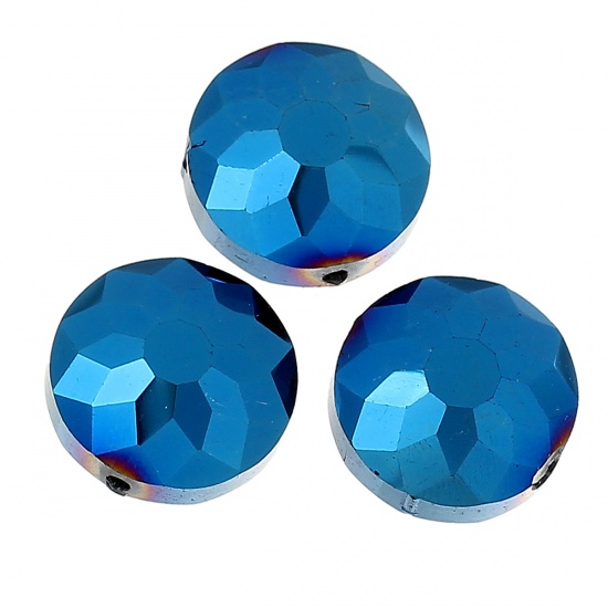 Picture of Glass Loose Beads Flat Round Blue Faceted About 14mm Dia, Hole: Approx 1.4mm, 20 PCs